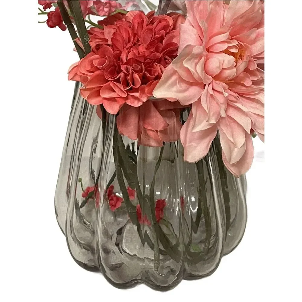 Elegant Large Clear Glass Ribbed Vase - Home Accents (8”H - 7” W) W/Faux Flowers